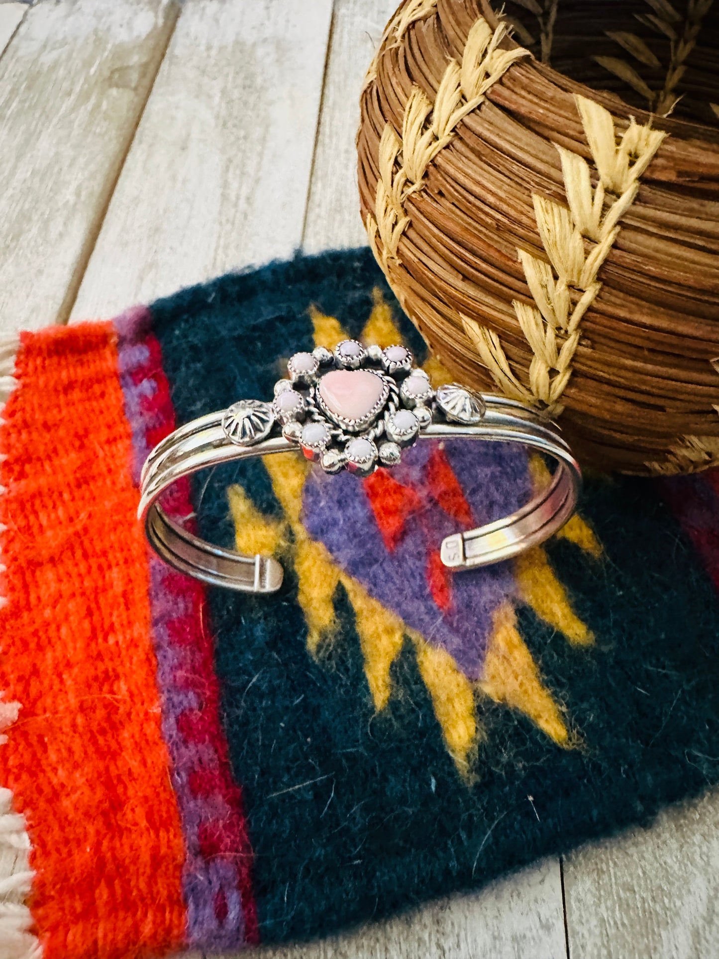 Handcrafted Queen Pink Conch Shell & Sterling Silver Heart Cuff Bracelet