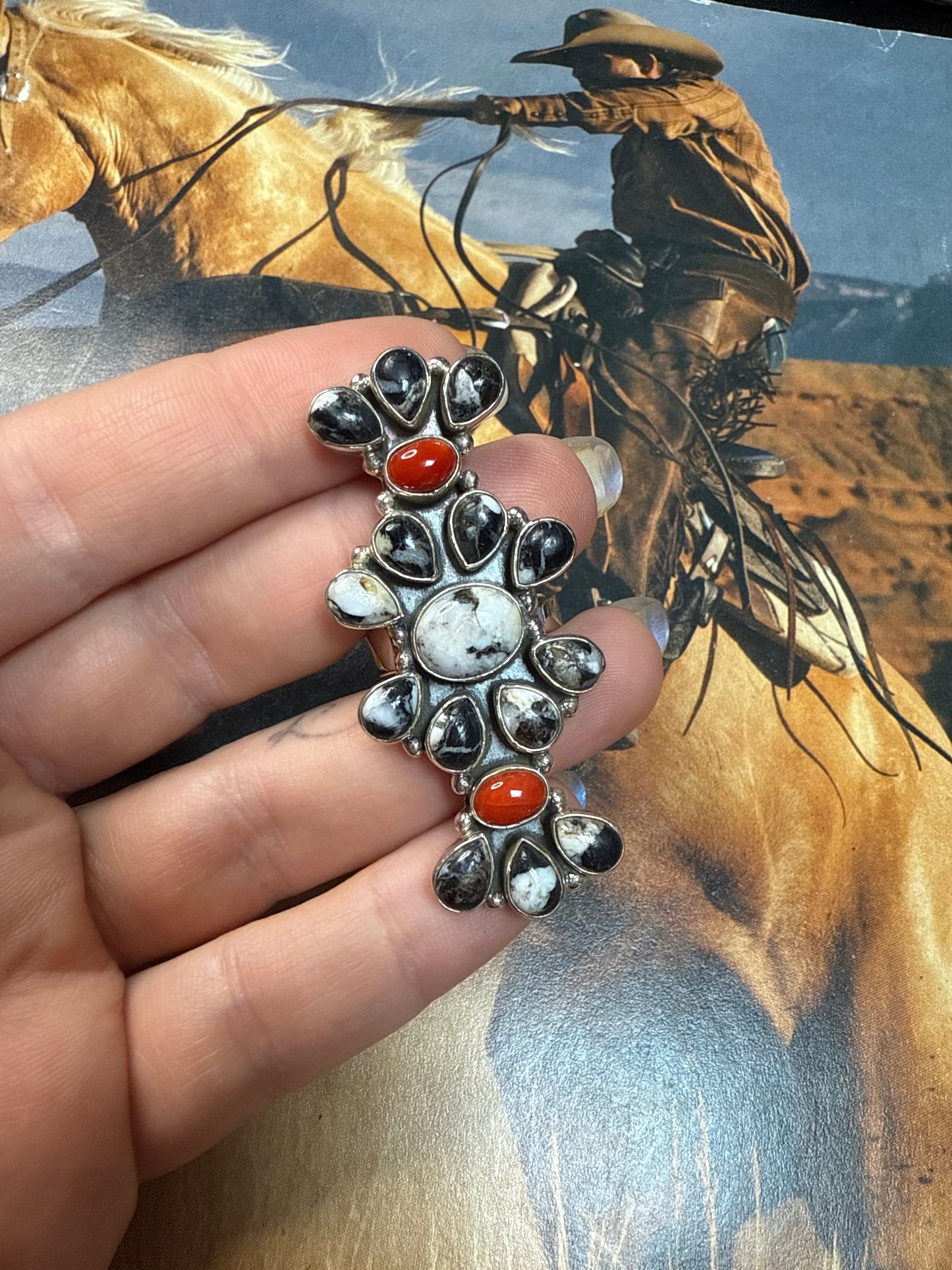 Handmade Coral, White Buffalo & Sterling Silver Adjustable Ring Signed Nizhoni