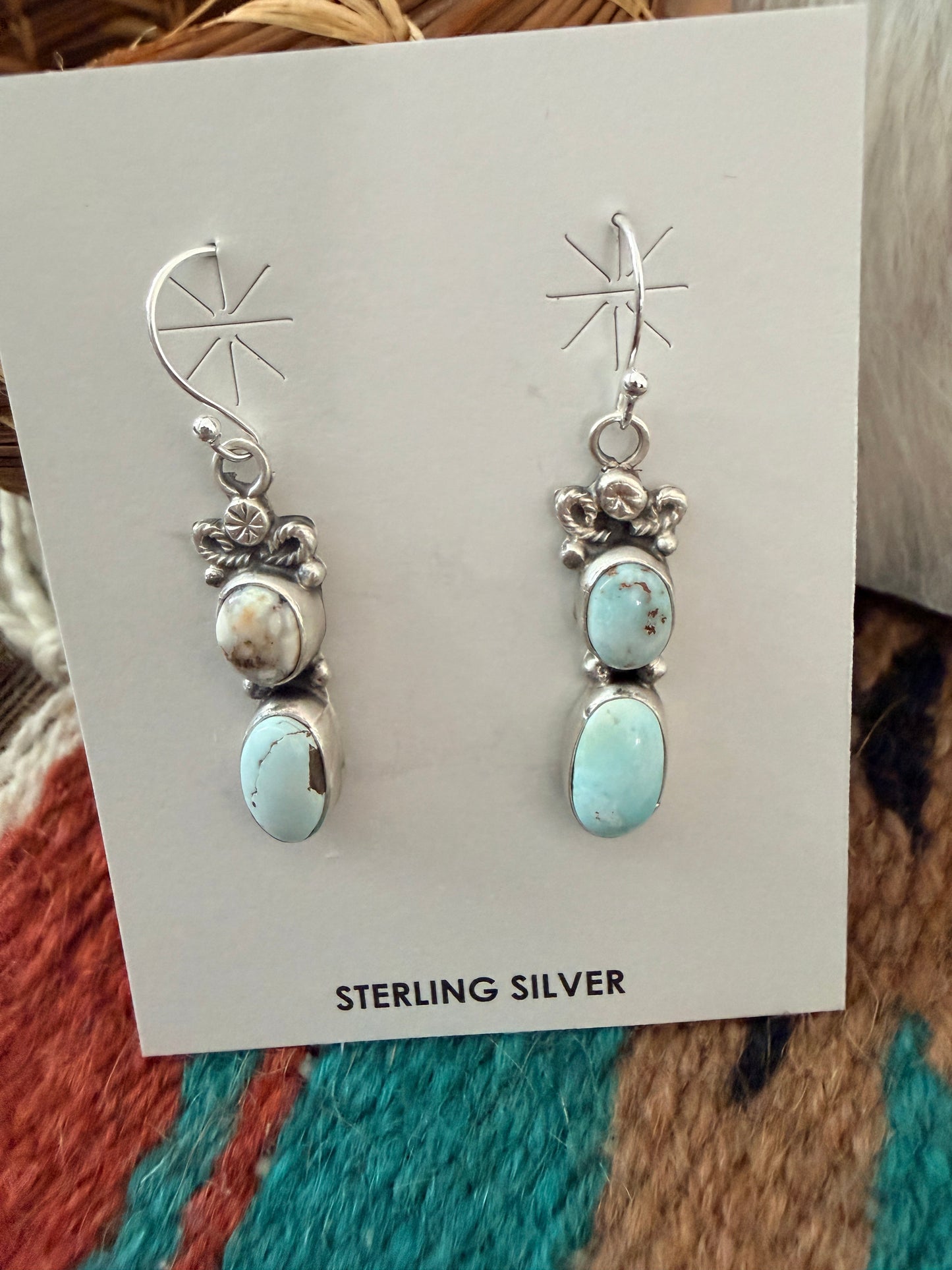 Handcrafted Dry Creek Turquoise & Sterling Silver Squash Blossom Necklace and Earring Set