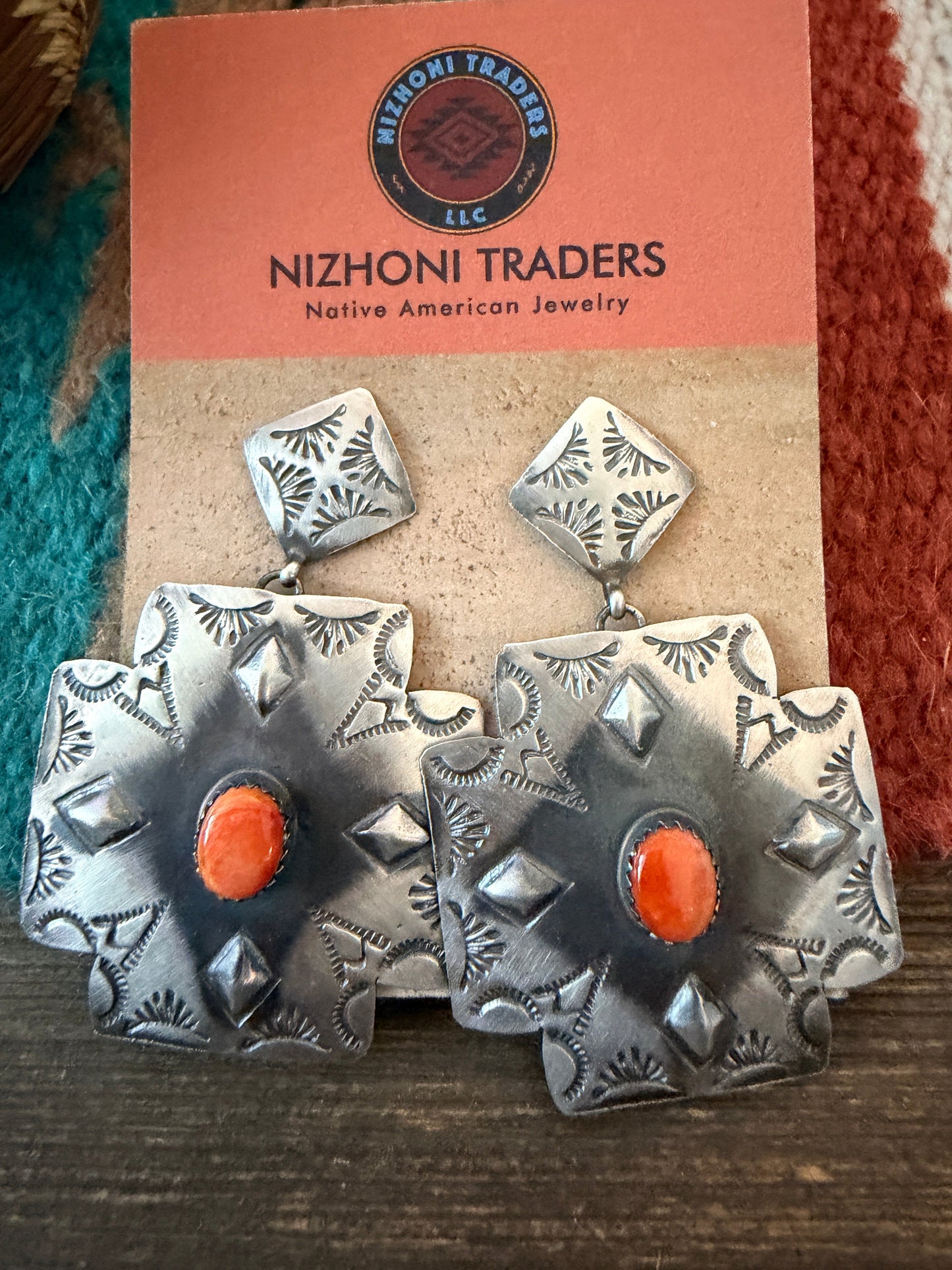 Handcrafted Orange Spiny Oyster & Sterling Silver Concho Dangle Earrings