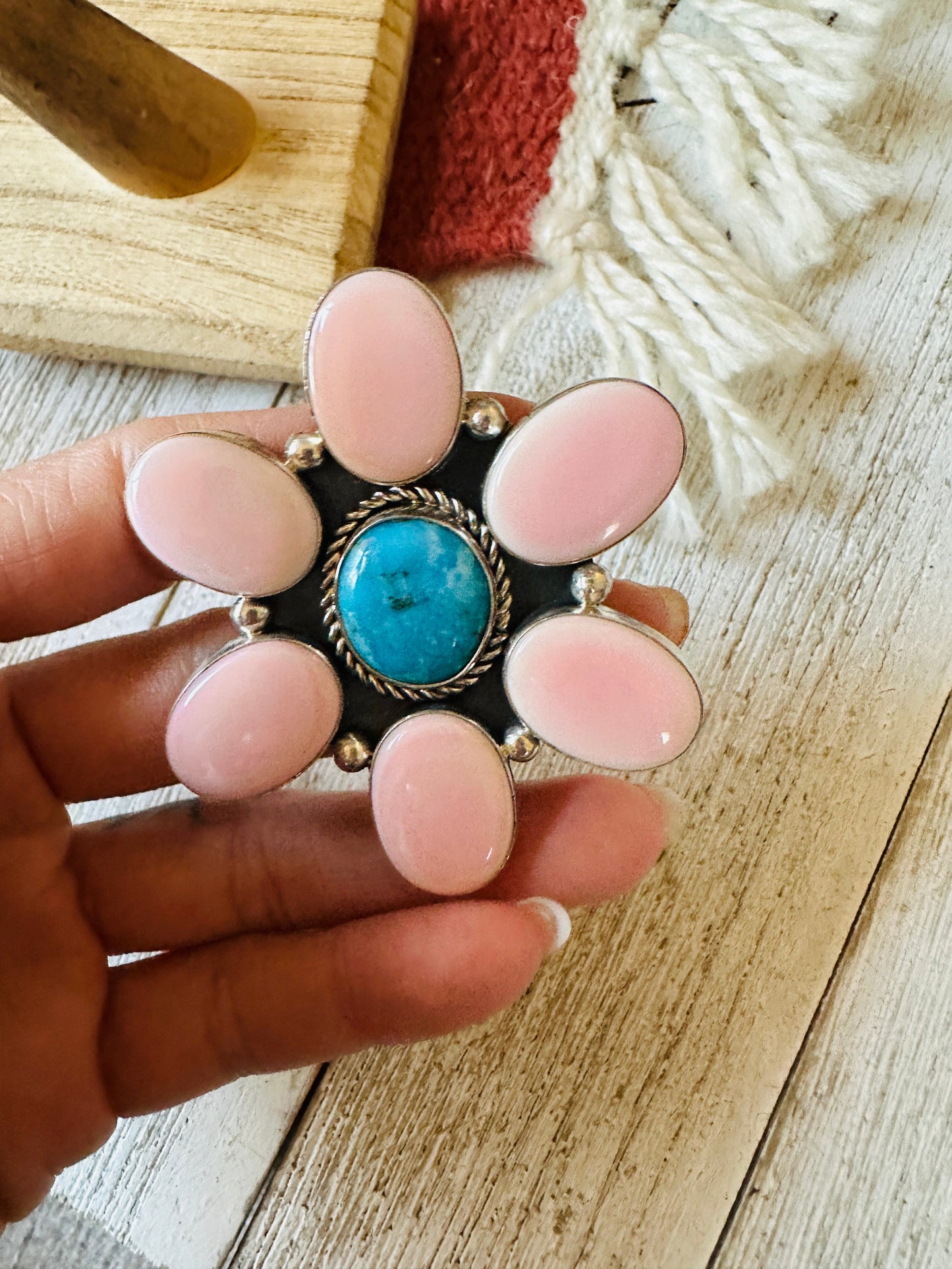 Handcrafted Sterling Silver, Queen Pink Conch & Turquoise Adjustable Flower Ring