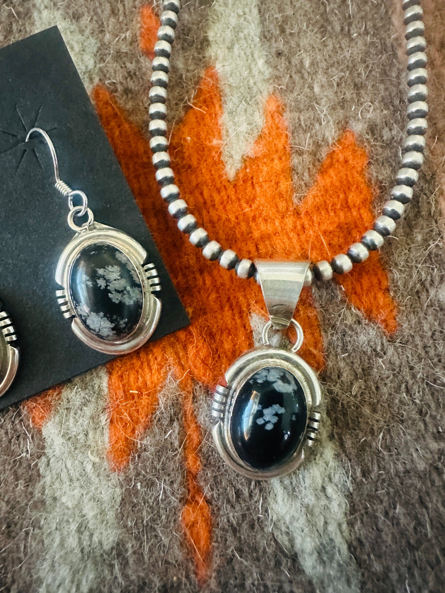 Handcrafted Sterling Silver & Snowflake Obsidian Pendant and Earring Set