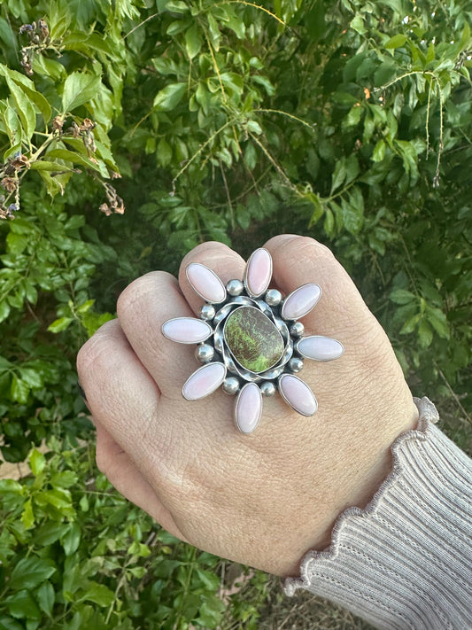 “Pink Blossom” Gorgeous Handcrafted Turquoise, Pink Conch And Sterling Silver Adjustable Flower Ring Signed