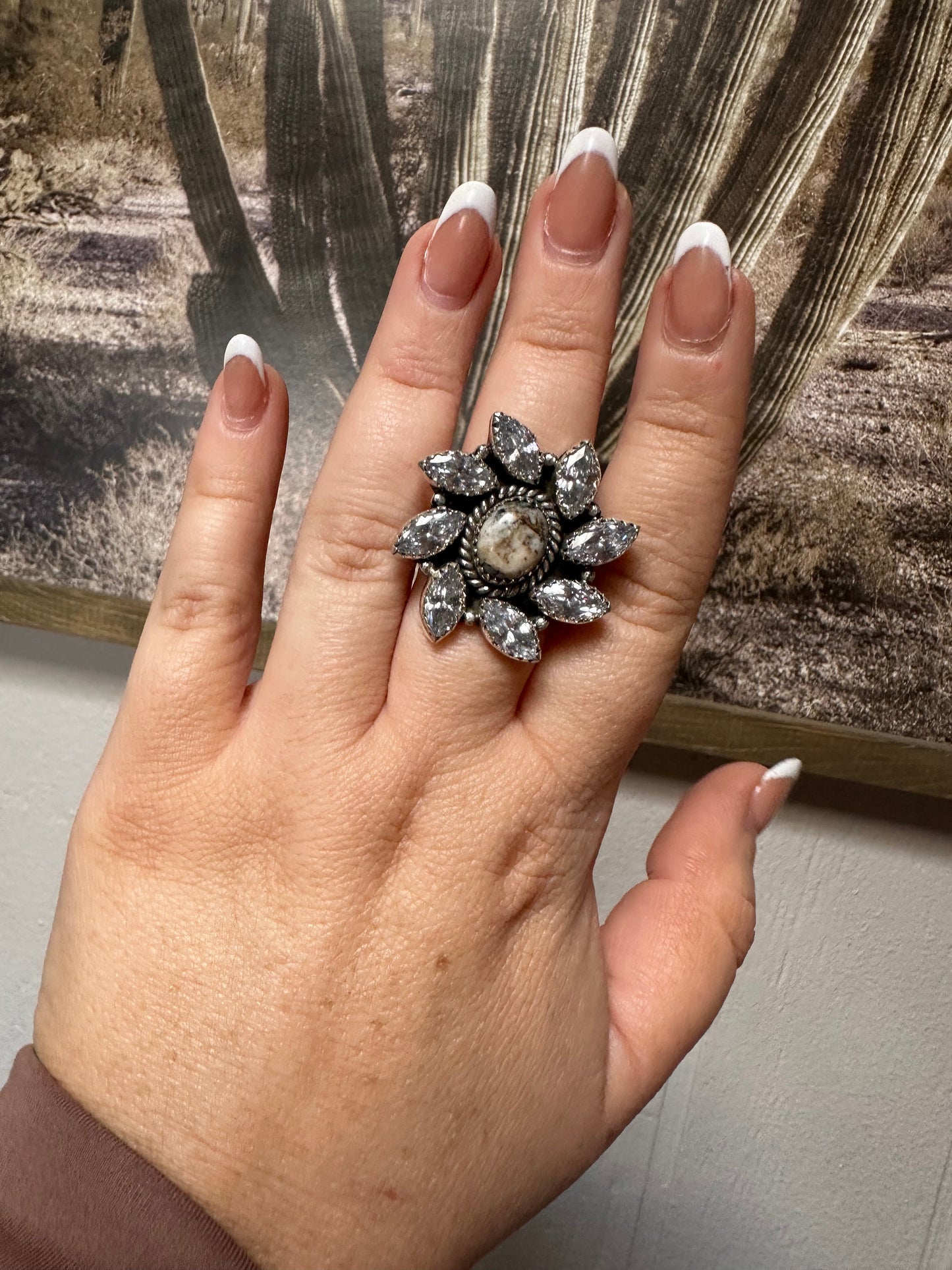 Beautiful Handmade White Buffalo, CZ And Sterling Silver Adjustable Ring