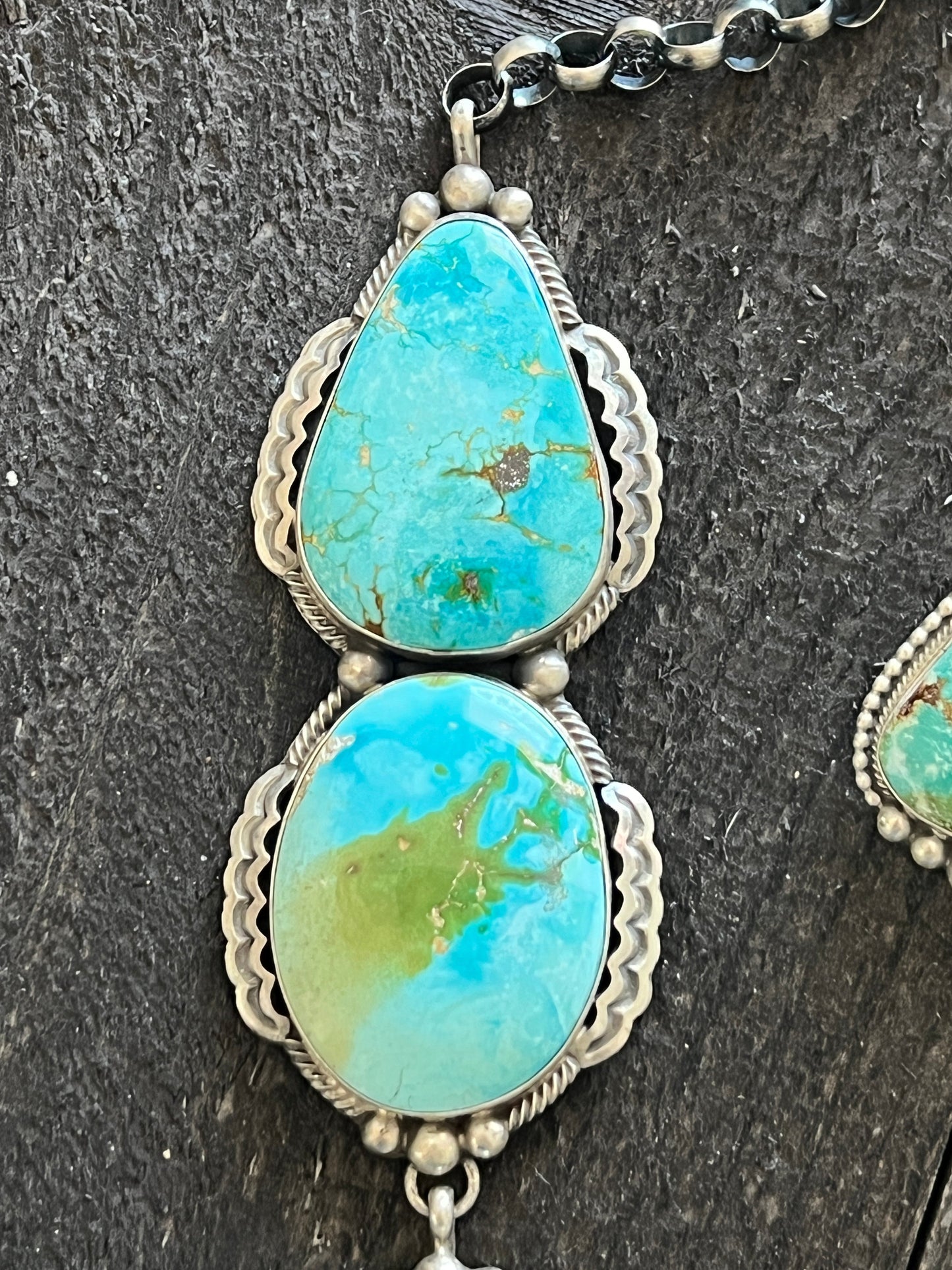Massive Handcrafted Sterling Silver and Sonoran Mountain Turquoise Statement Necklace with Earrings by Talila Benally