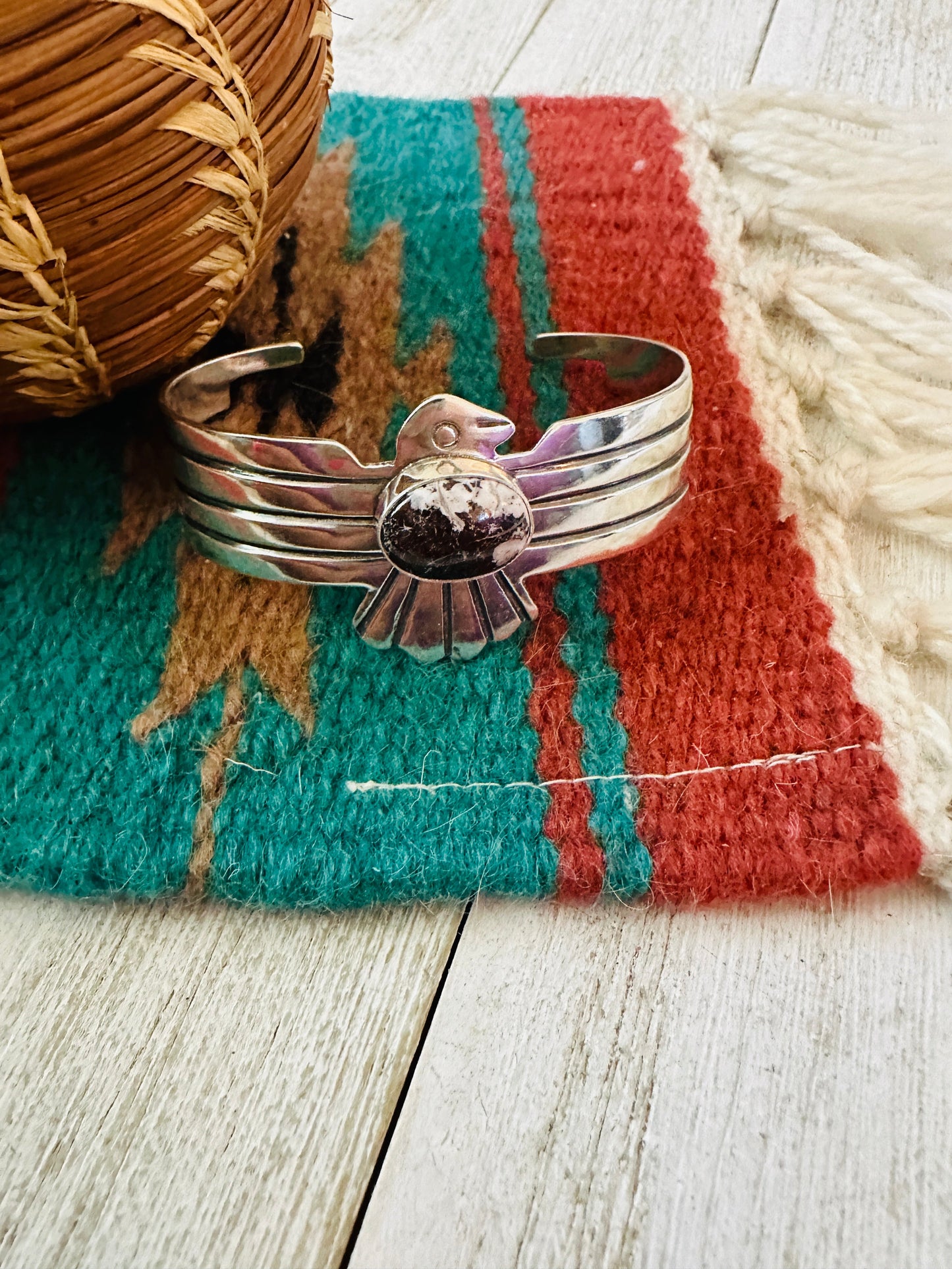 Handcrafted Wild Horse & Sterling Silver Thunderbird Cuff Bracelet