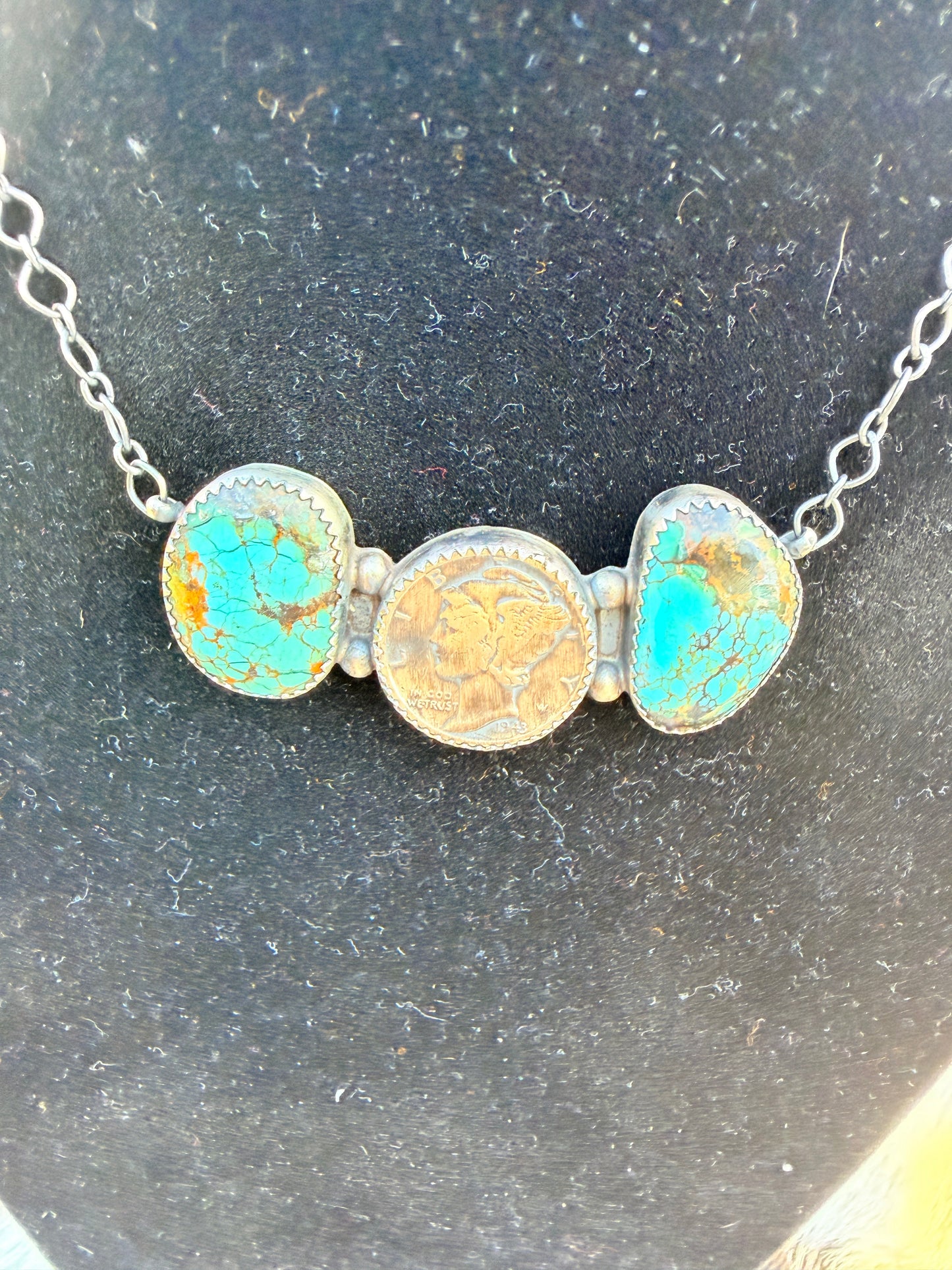 Handcrafted Number 8 Turquoise & Sterling Silver Liberty Dime Necklace by Johnny Frank