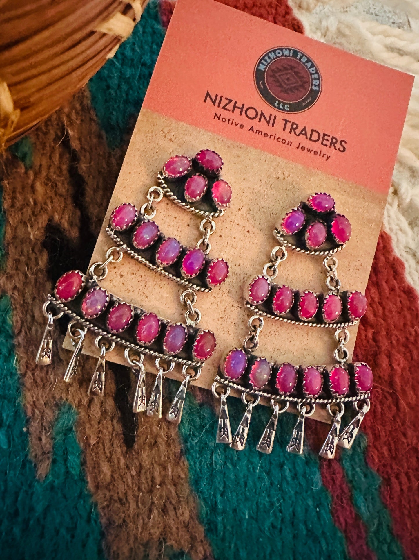Handmade Pink Onyx & Sterling Silver Dangle Earrings Signed Nizhoni