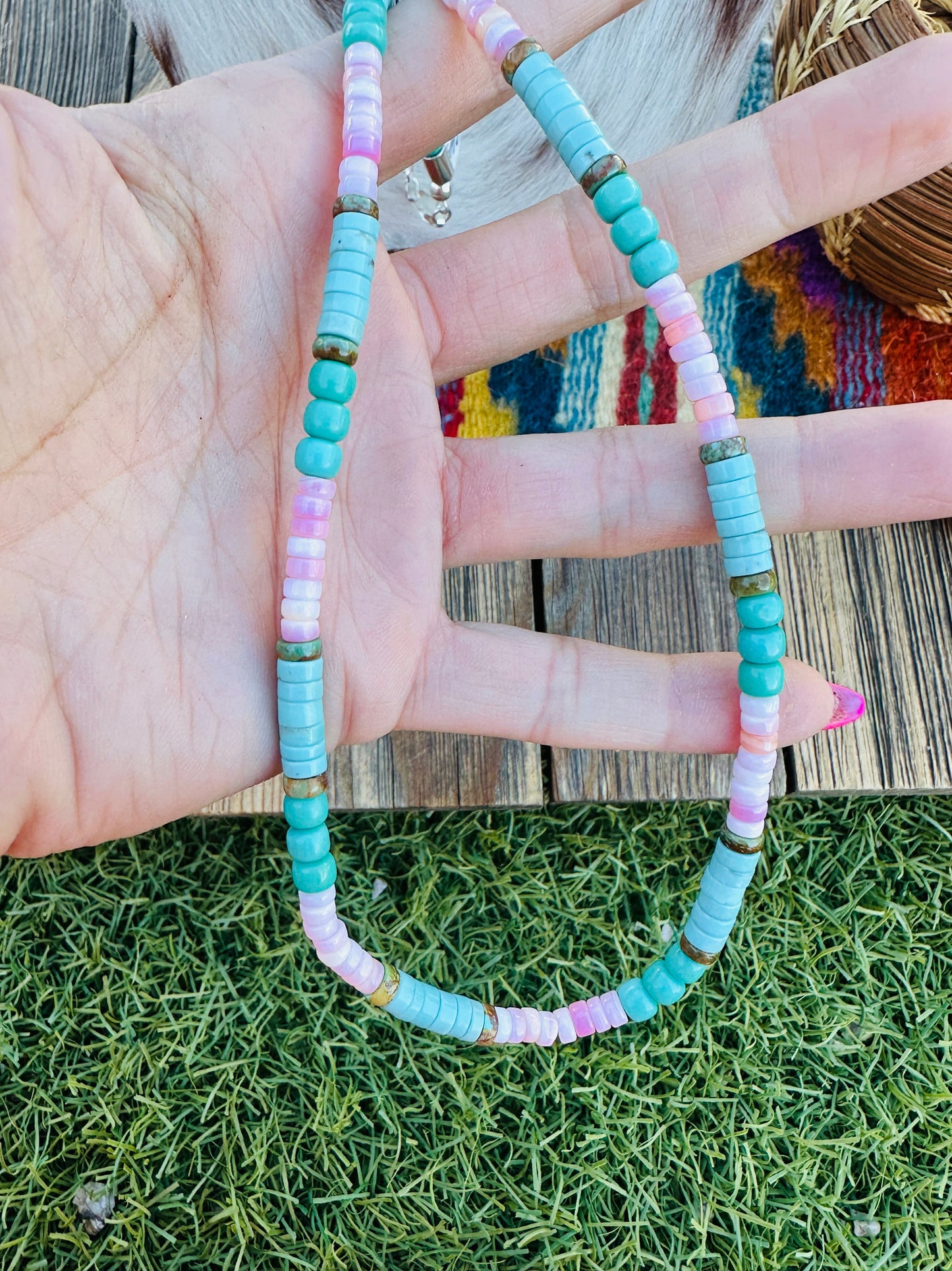 Handcrafted Queen Pink Conch, Turquoise & Sterling Silver 18” Beaded Necklace