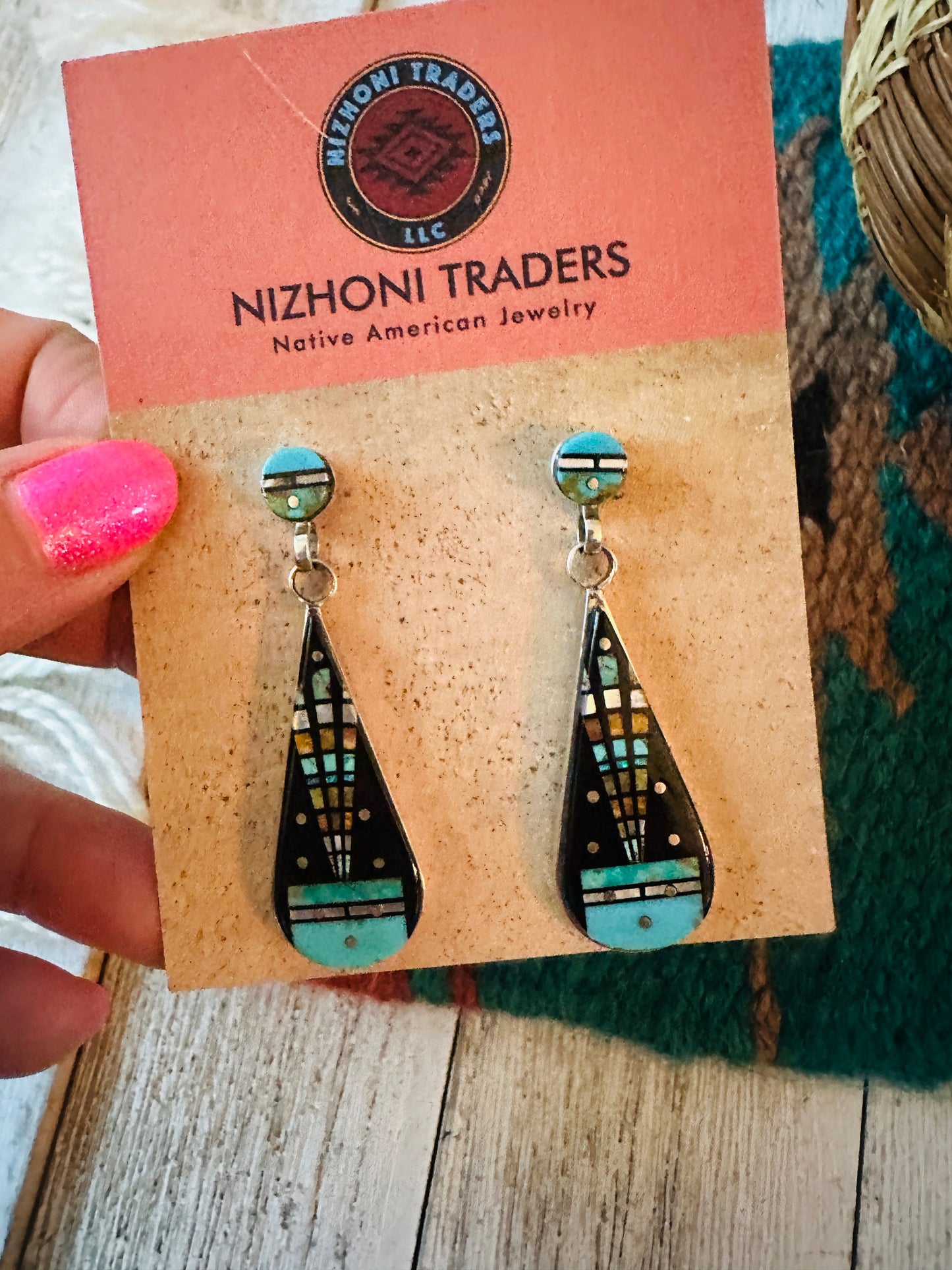Handcrafted Sterling Silver & Multi Stone Inlay Dangle Earrings