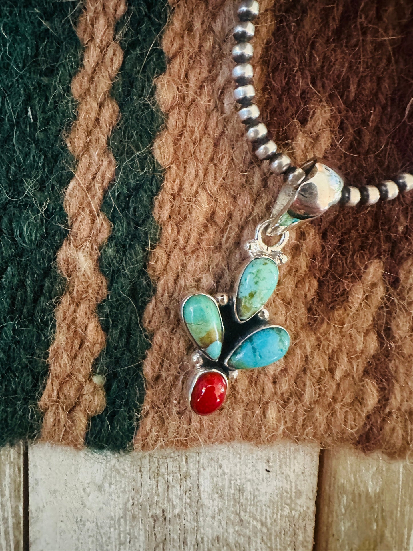 ** Christmas Collection ** Handmade Sterling Silver, Coral & Turquoise Pendant Signed Nizhoni