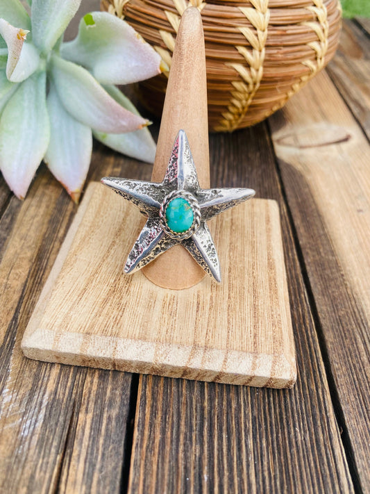 Handcrafted Sonoran Gold Turquoise & Sterling Silver Star Ring Size 8 Signed