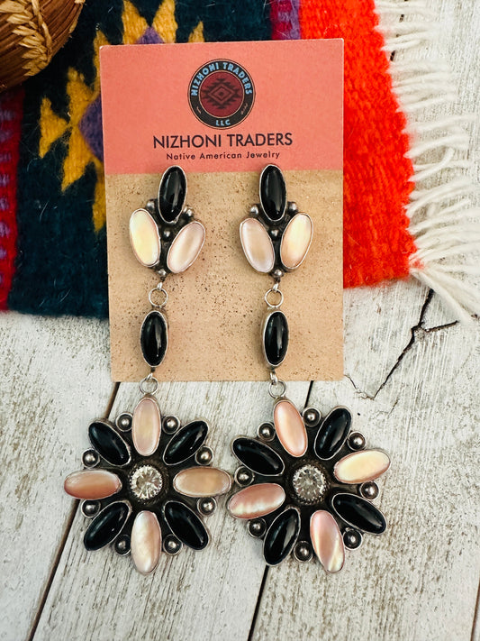 Handcrafted Mother of Pearl, Onyx & Sterling Silver Flower Dangle Earrings