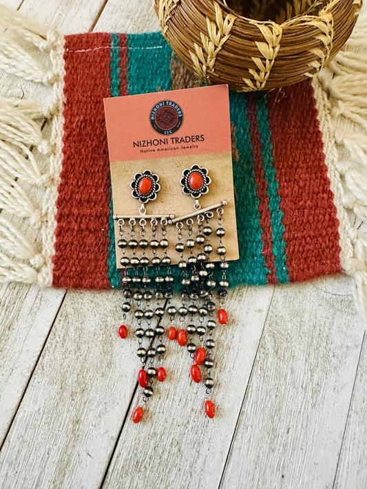Handcrafted Coral  & Sterling Silver Pearl Beaded Tassel Dangle Earrings
