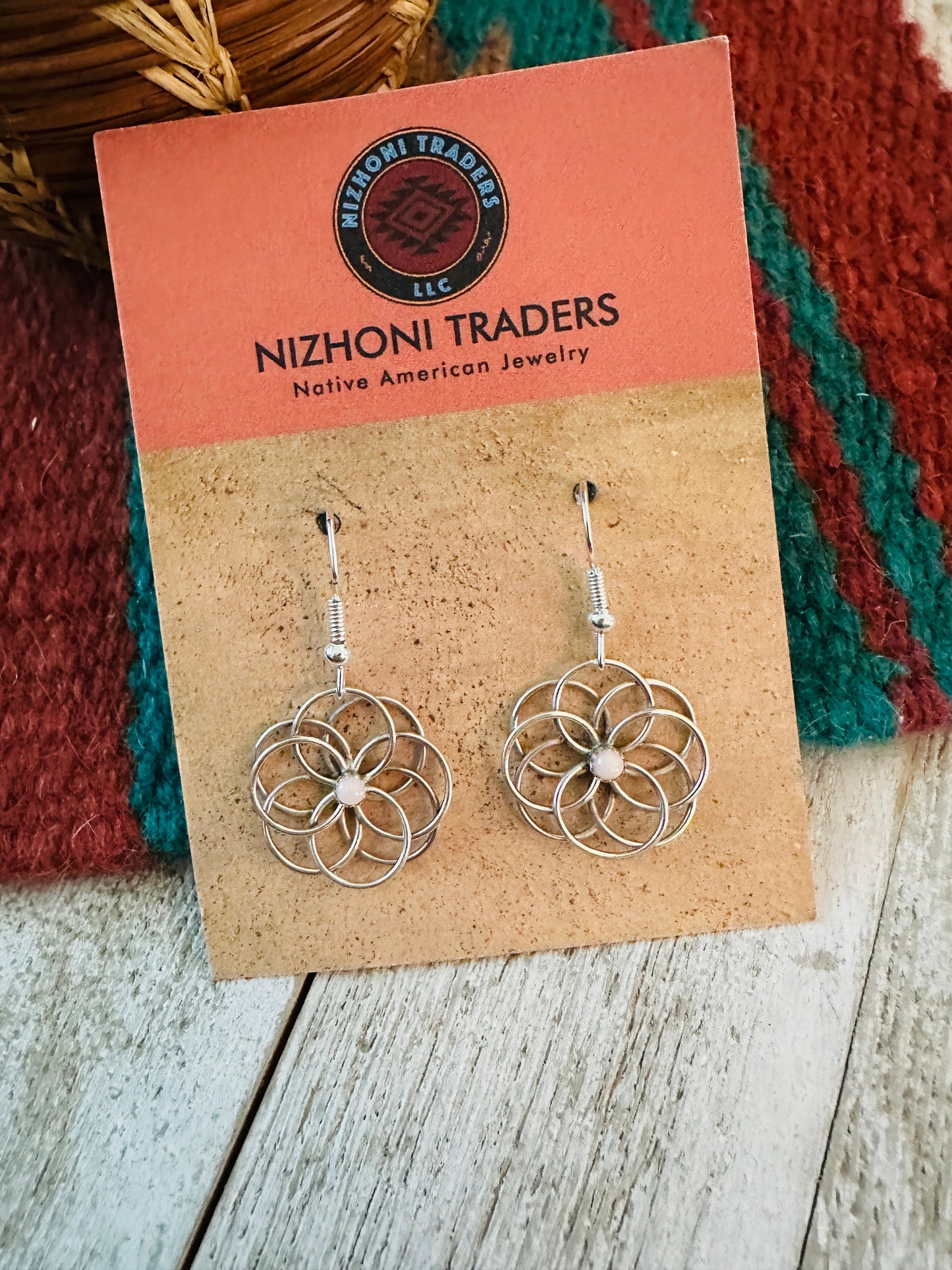 Handcrafted Queen Pink Conch & Sterling Silver Flower Dangle Earrings