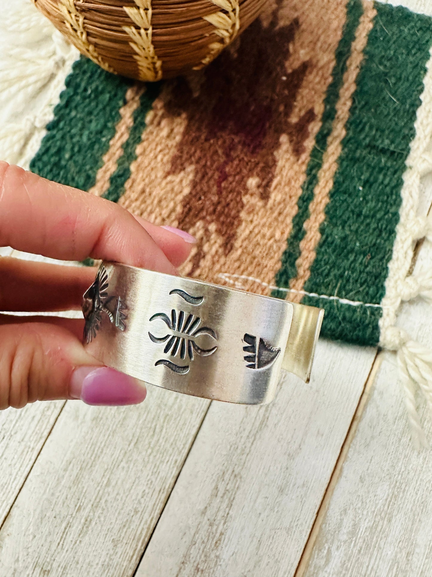 Handcrafted Stamped Sterling Silver Cuff Bracelet By Elvira Bill