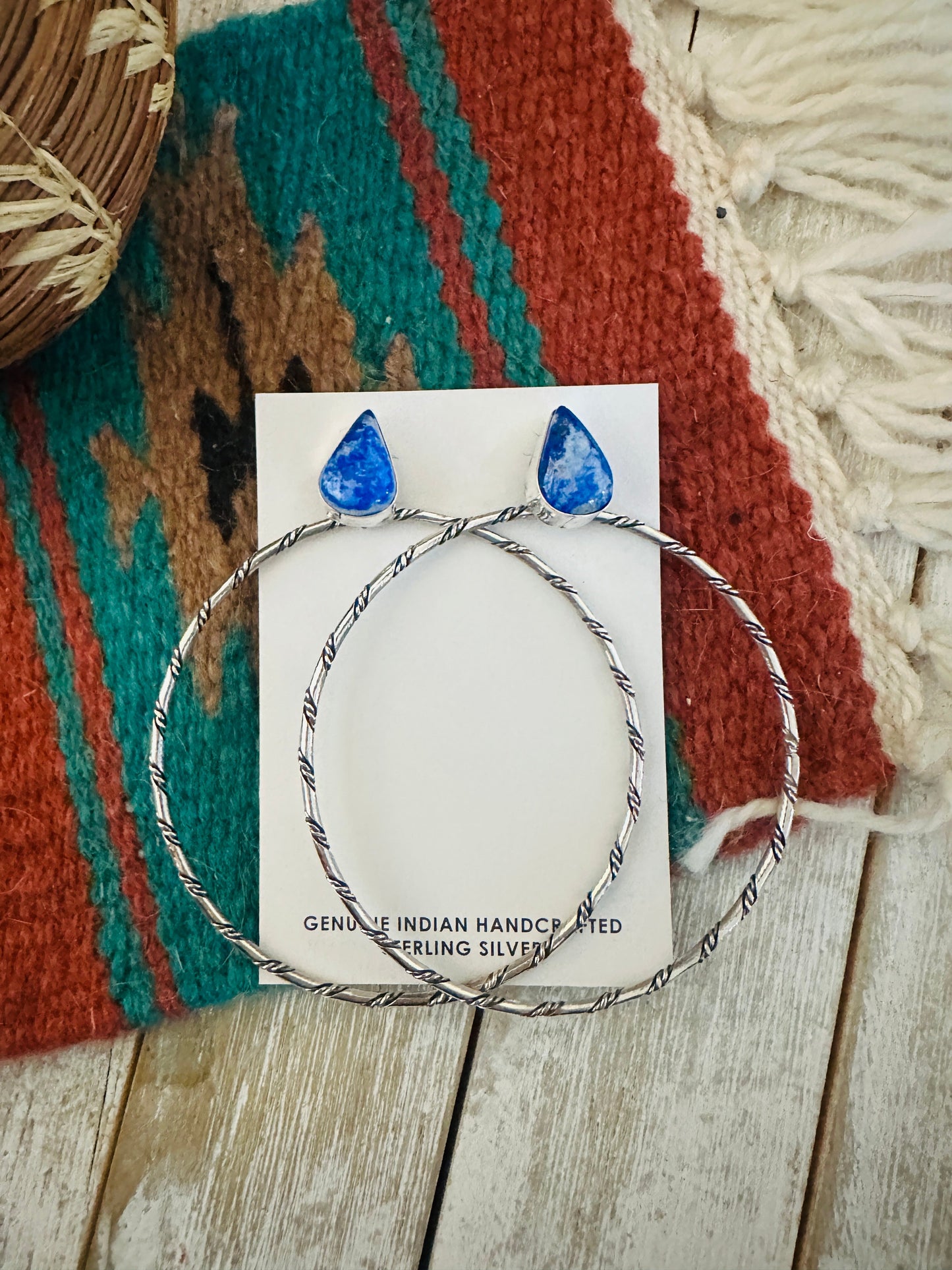 Handcrafted Lapis and Sterling Silver Dangle Hoop Earrings