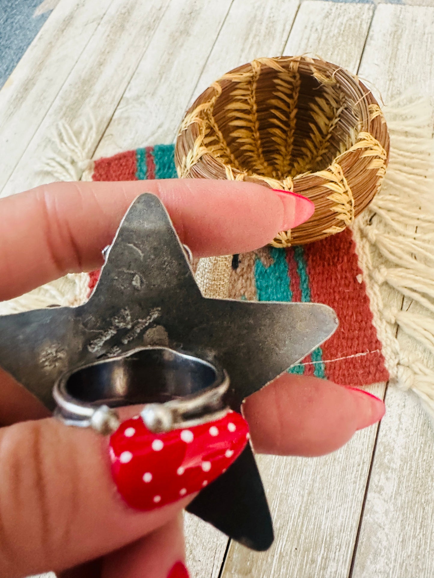 Handcrafted Royston Turquoise, CZ & Sterling Silver Adjustable Star Ring by Jacqueline Silver