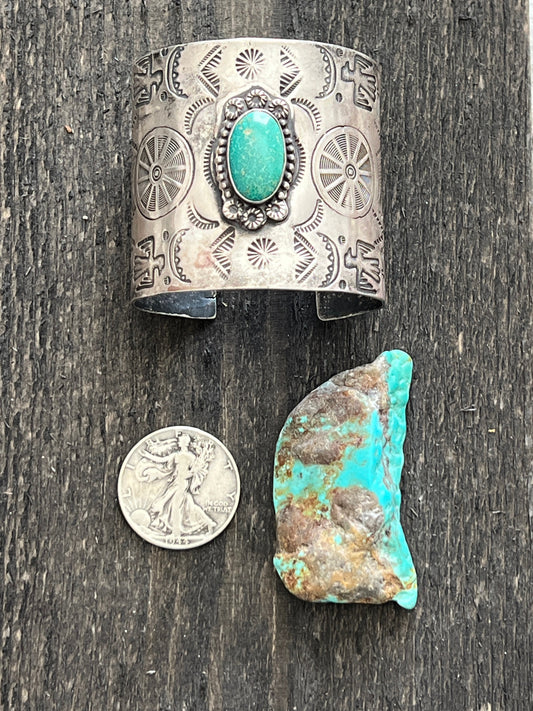 Handcrafted Vintage Fred Harvey Era Symbolic Collage TurquoiseSterling Silver Cuff Bracelet