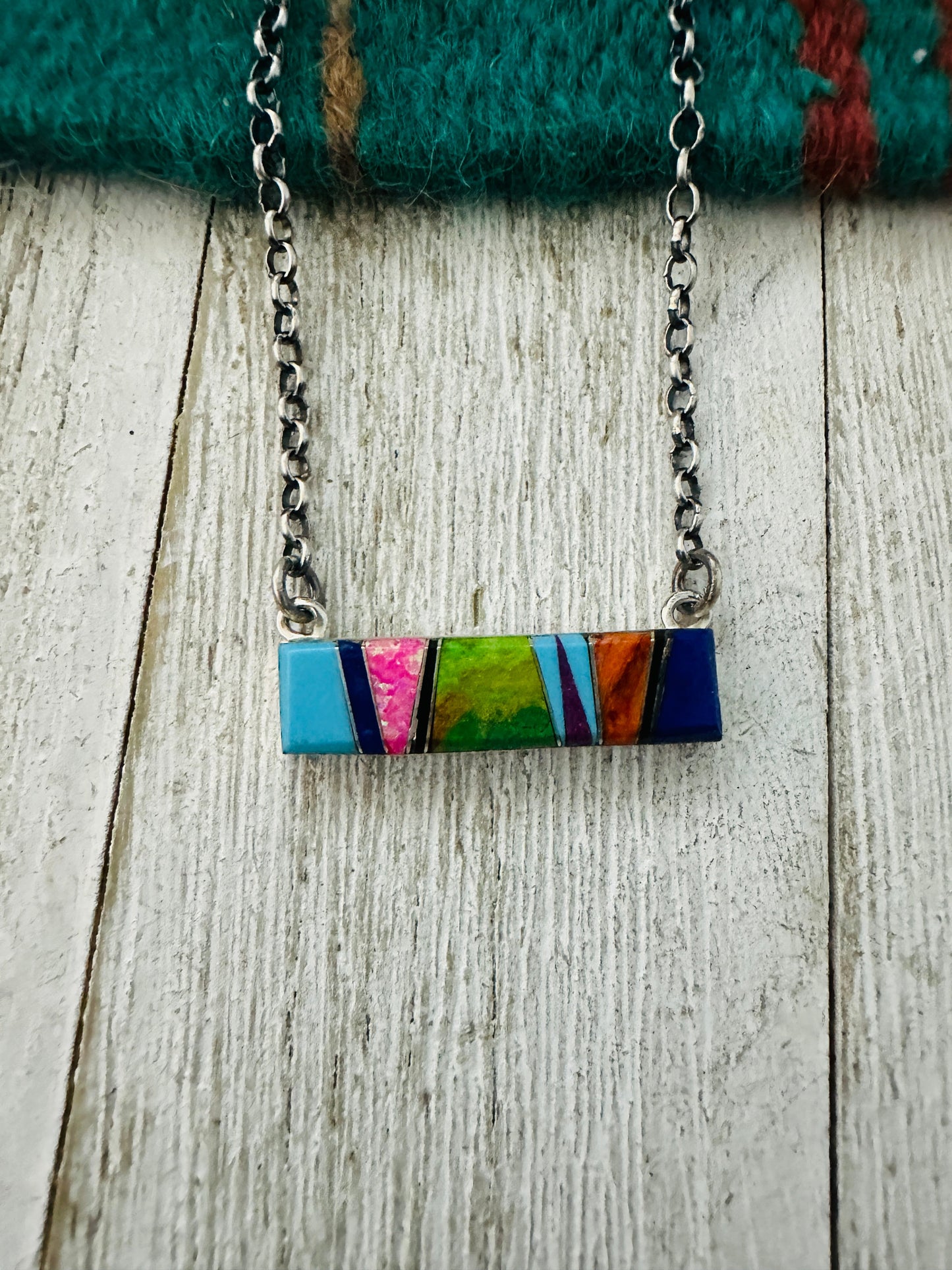 Handcrafted Multi Stone & Sterling Silver Inlay Bar Necklace