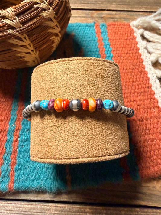 Handcrafted Spiny Oyster, Turquoise & Sterling Silver Beaded Stretch Bracelet