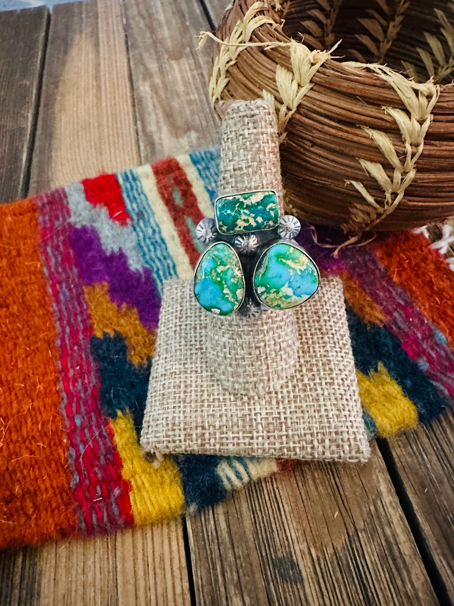 Handcrafted Sonoran Mountain Turquoise & Sterling Silver Adjustable Cluster Ring