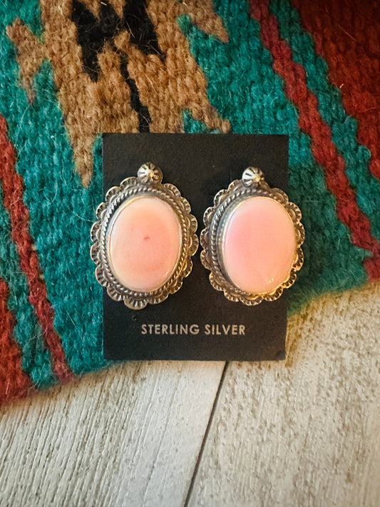 Handcrafted Sterling Silver & Queen Pink Conch Shell Post Earrings Signed