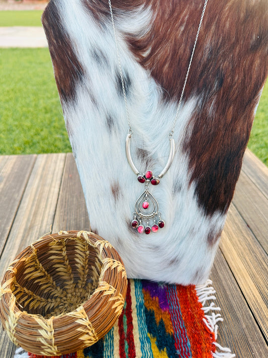 Handcrafted Rose Dahlia & Sterling Silver Chandelier Necklace by Pearlene Spencer