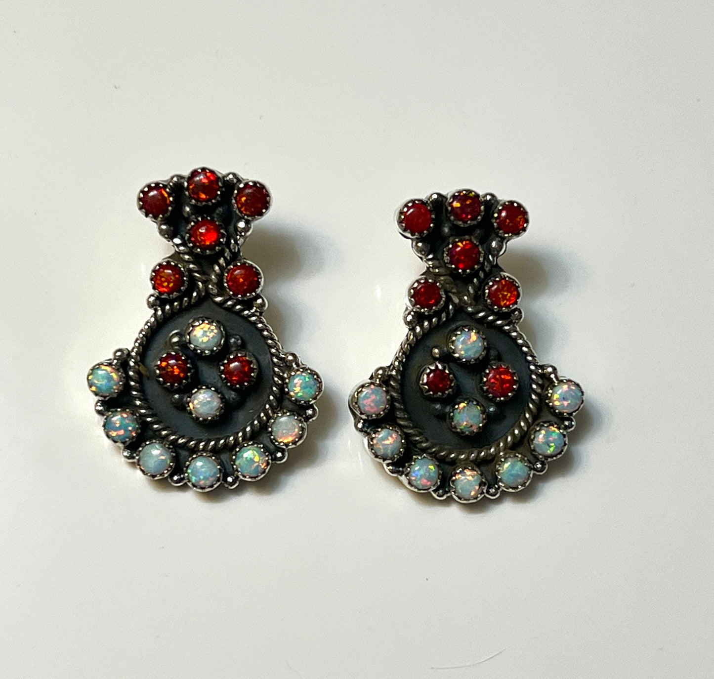 Handmade Red & White Fire Opal Sterling Silver Post Earrings