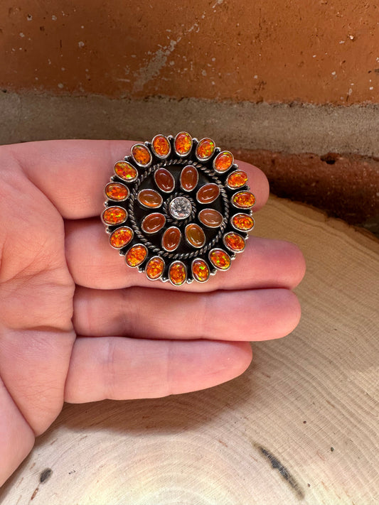 Handmade Amber, Fire Opal, CZ & Sterling Silver Adjustable Ring Signed Nizhoni