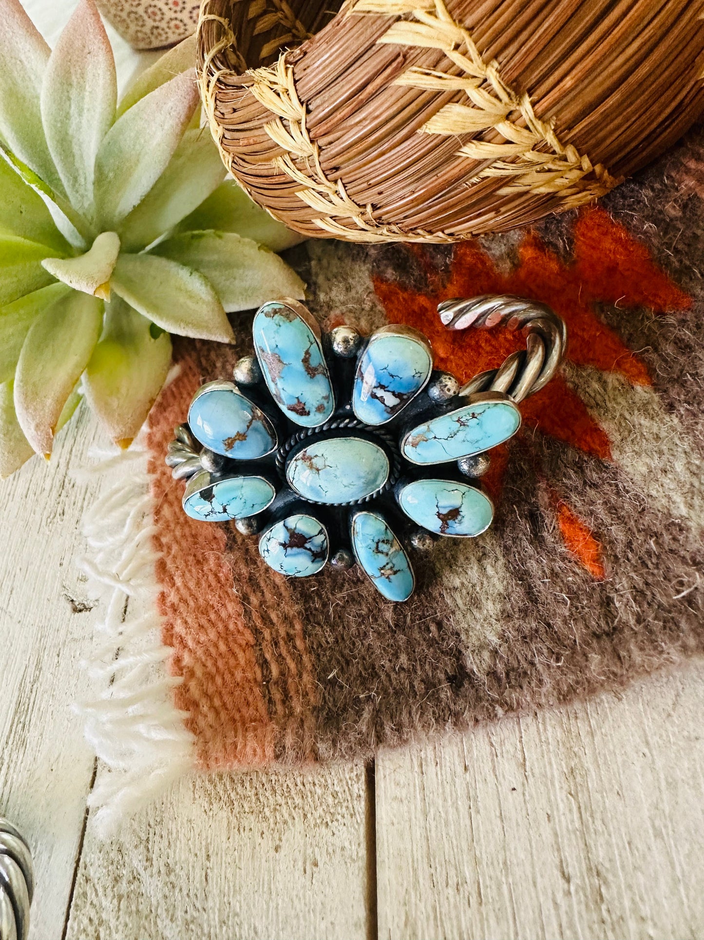 Navajo Golden Hills Turquoise & Sterling Silver Cluster Cuff Bracelet