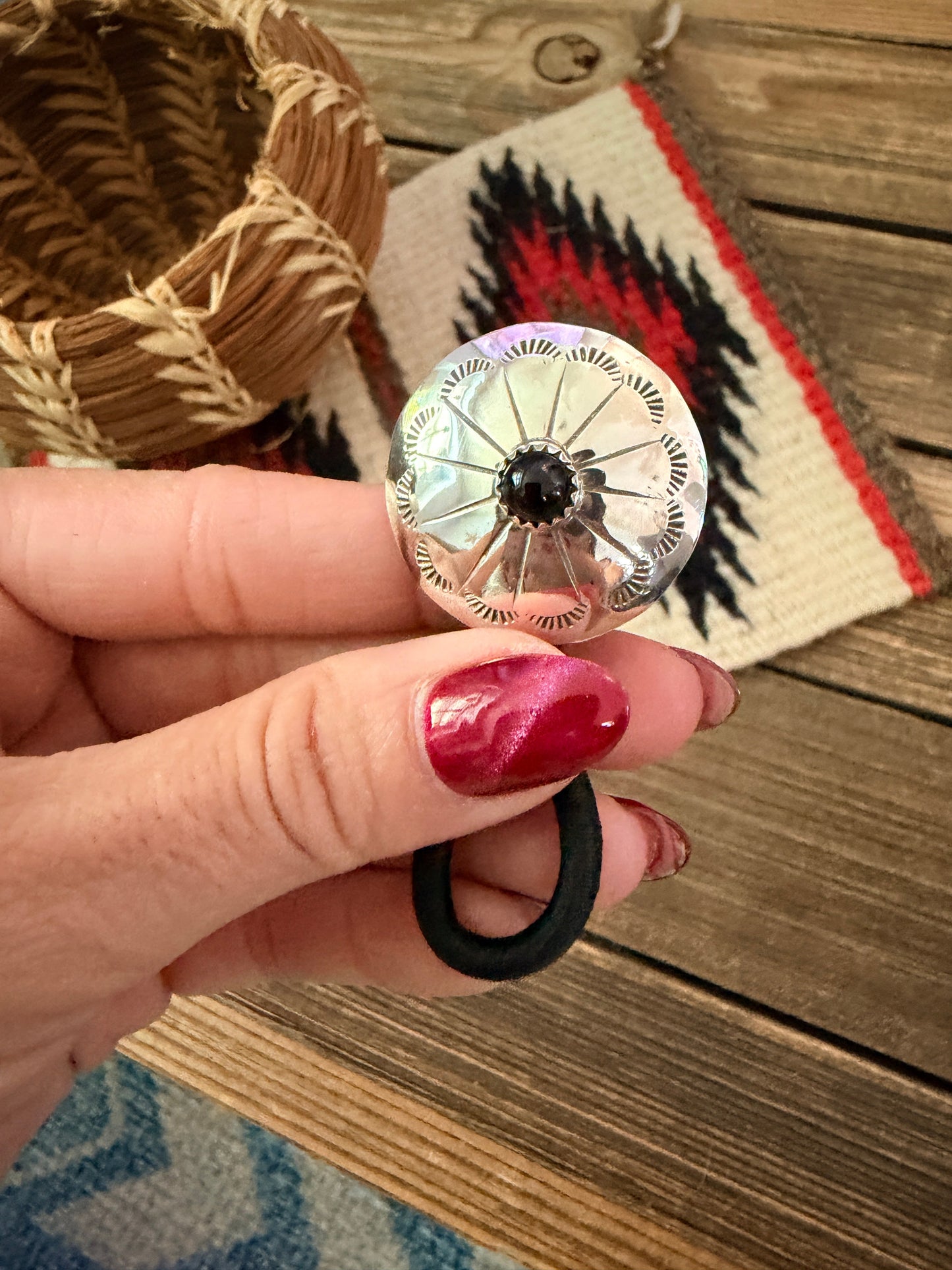Handcrafted Onyx & Sterling Silver Concho Hair Tie Charm