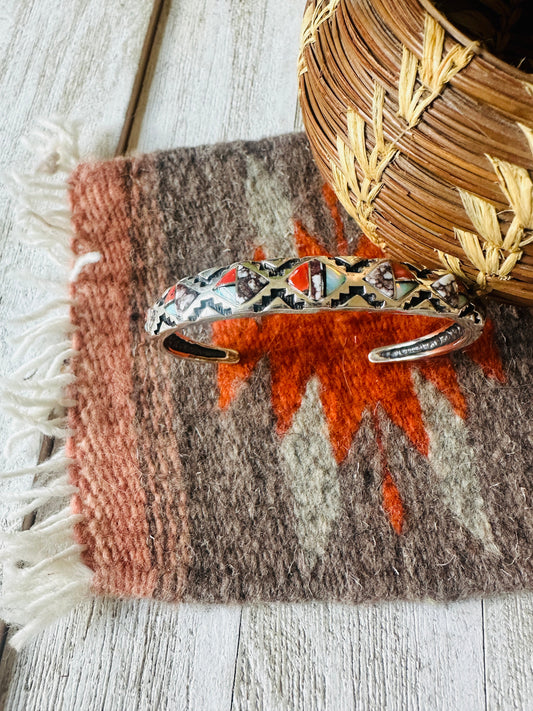 Handcrafted Multi Stone & Sterling Silver Inlay Cuff Bracelet