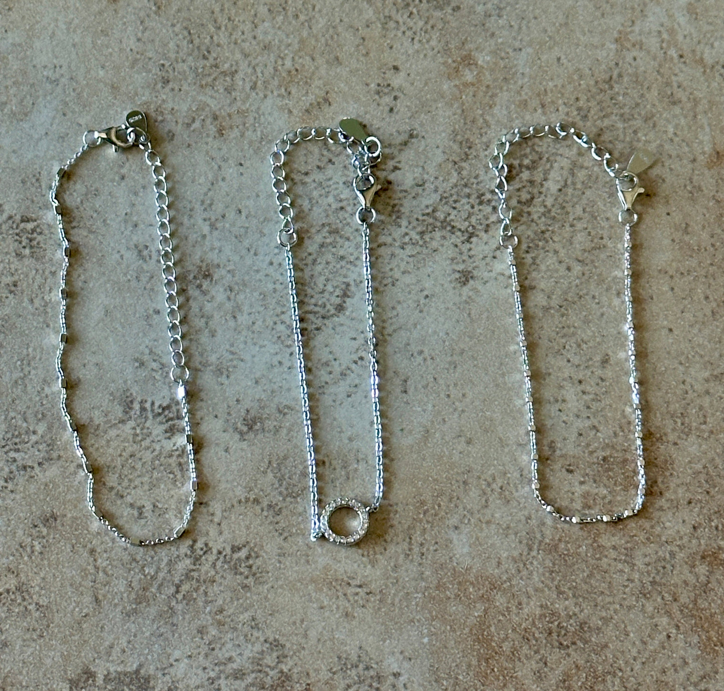 Sterling Silver CZ Circle & Chain Bracelet Set of 3