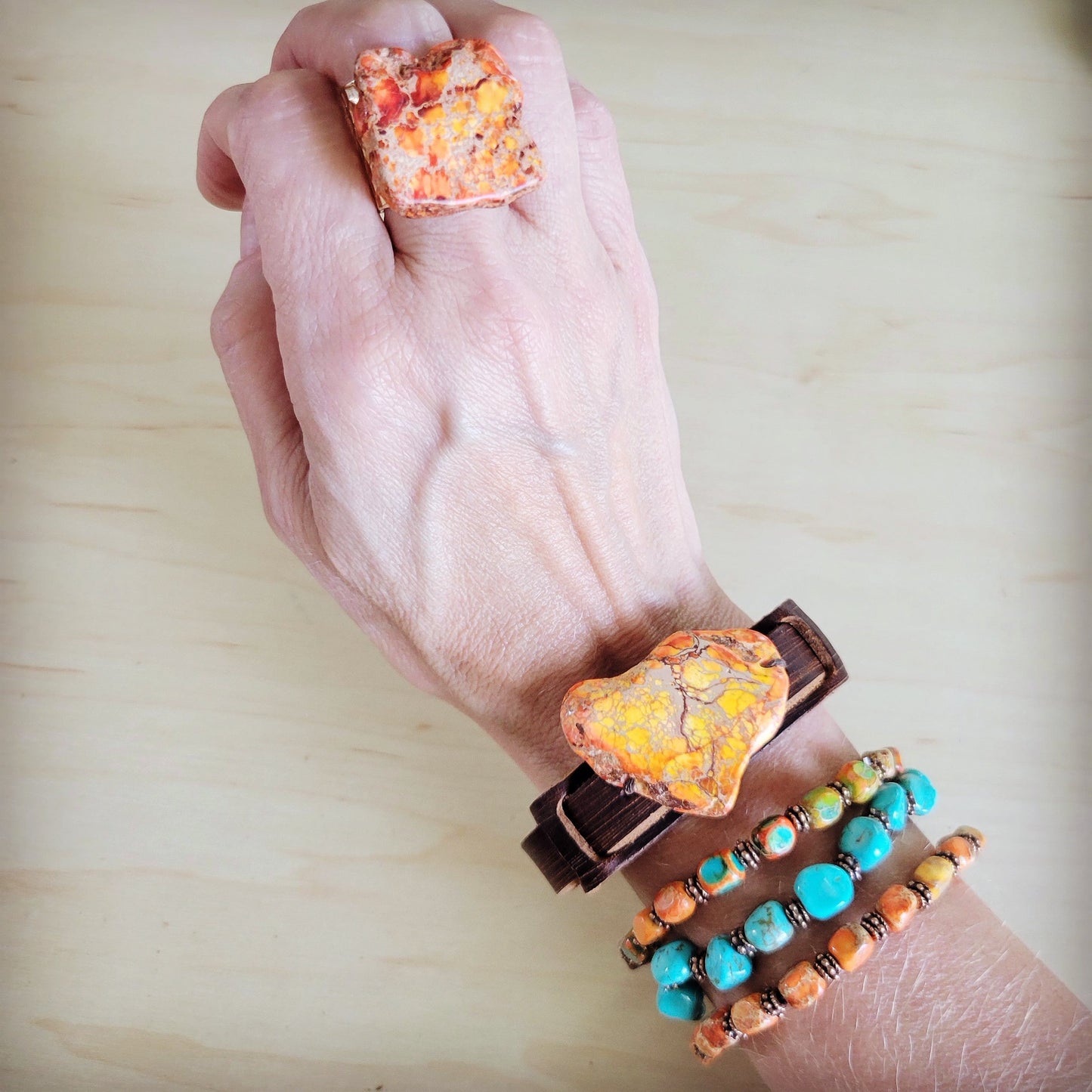 Genuine Regalite and Copper Stretch Beaded Bracelet Orange 812i