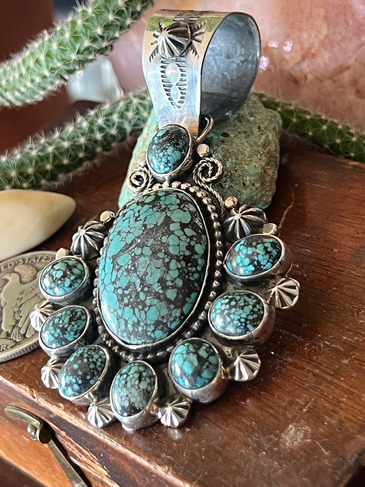 Apache Made Sterling Silver and Hubei Turquoise Cluster Pendant by Rosella Paxson