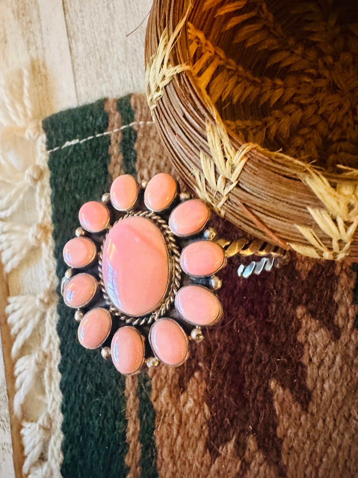 Handcrafted Queen Pink Conch Shell & Sterling Silver Cluster Cuff Bracelet