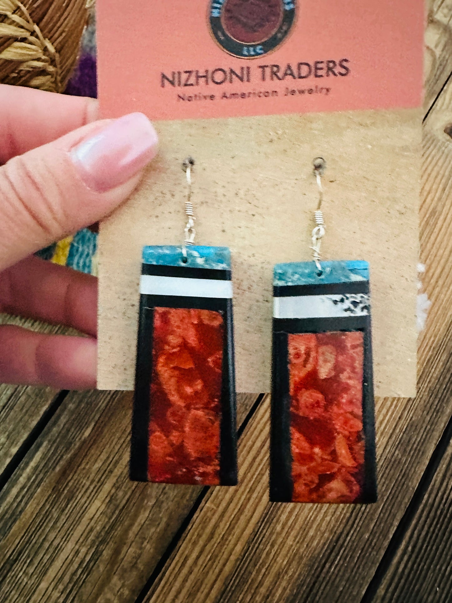 Handcrafted Multi Stone Inlay Slab Dangle Earrings