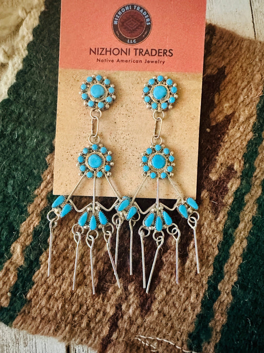 Handcrafted Sterling Silver & Turquoise Flower Chandelier Dangle Earrings