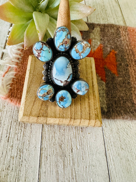 Handcrafted Golden Hills Turquoise & Sterling Silver Cluster Ring Size 10