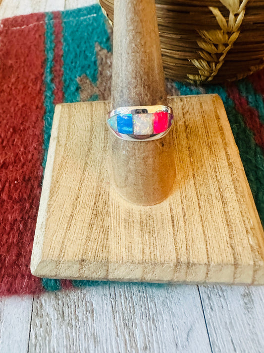 Handcrafted Sterling Silver & Multicolor Opal Inlay Band Ring Size 7.75