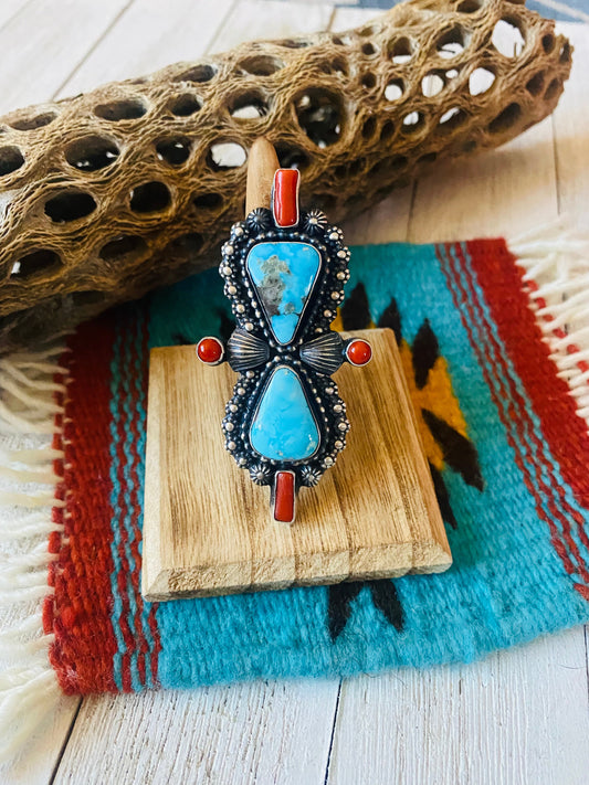 Handcrafted Sterling Kingman Turquoise & Red Coral Ring Size 9 By Shawn Cayatineto