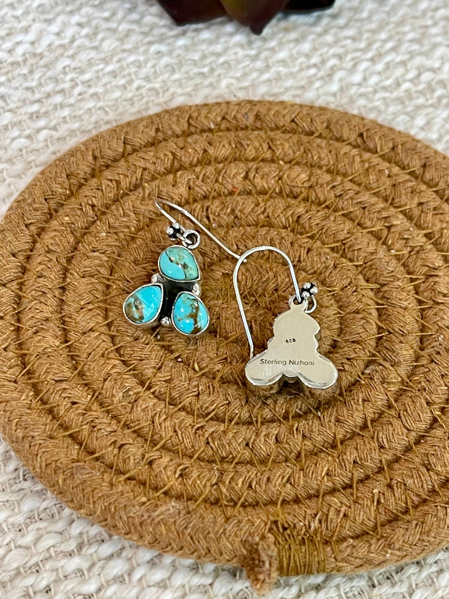 Handmade Sterling Silver Kingman Turquoise Wire Dangle Earrings with Signed Nizhoni
