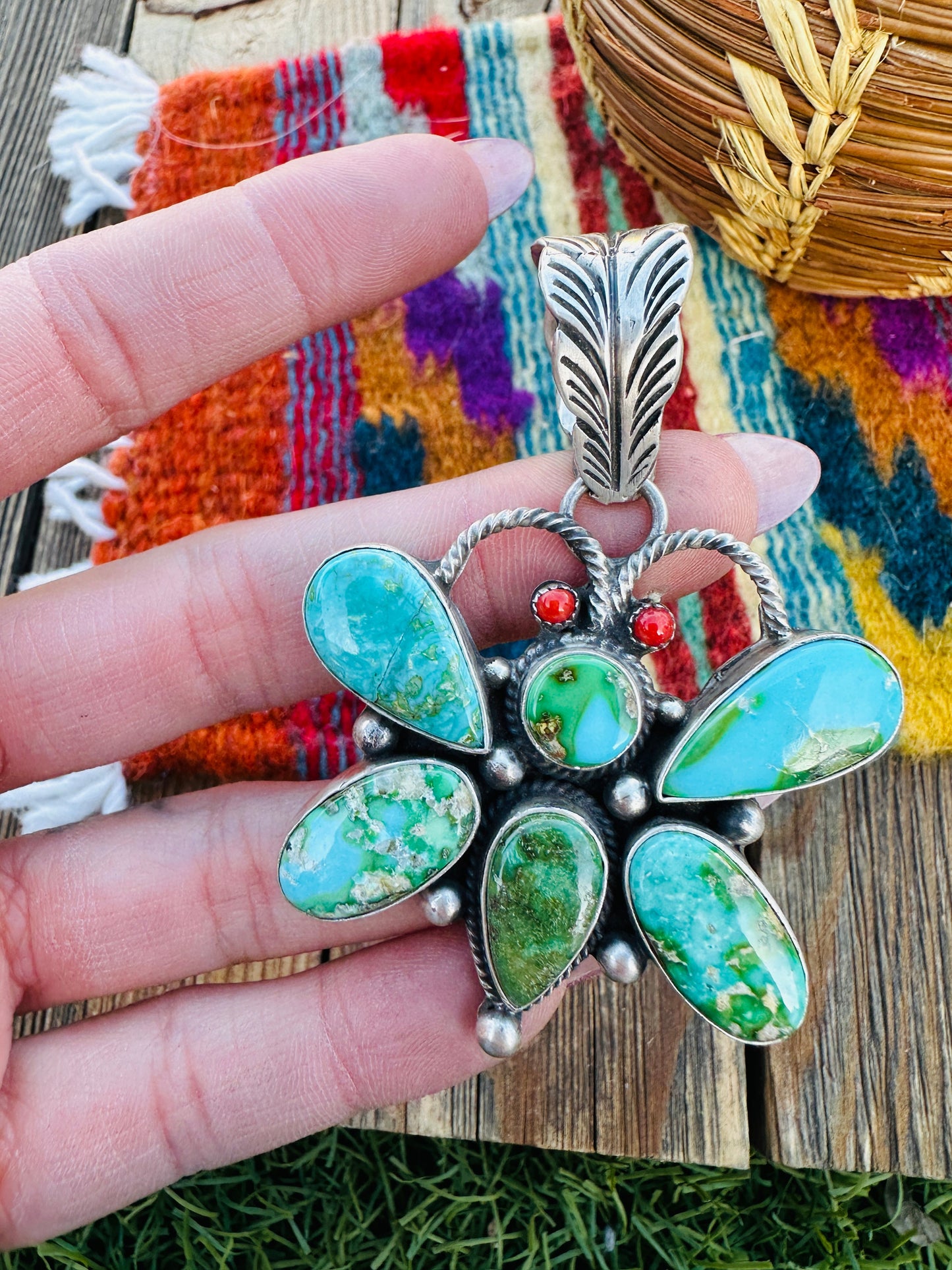 Handcrafted Sterling Silver, Turquoise & Coral Dragonfly Pendant by Emer Thompson