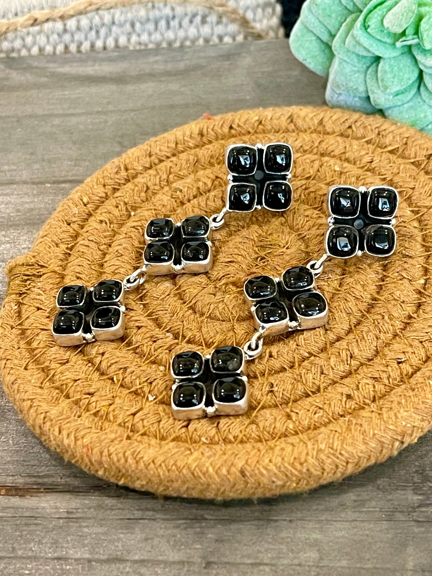 Handmade Onyx, & Sterling Silver Cluster Dangle Earrings Signed Nizhoni