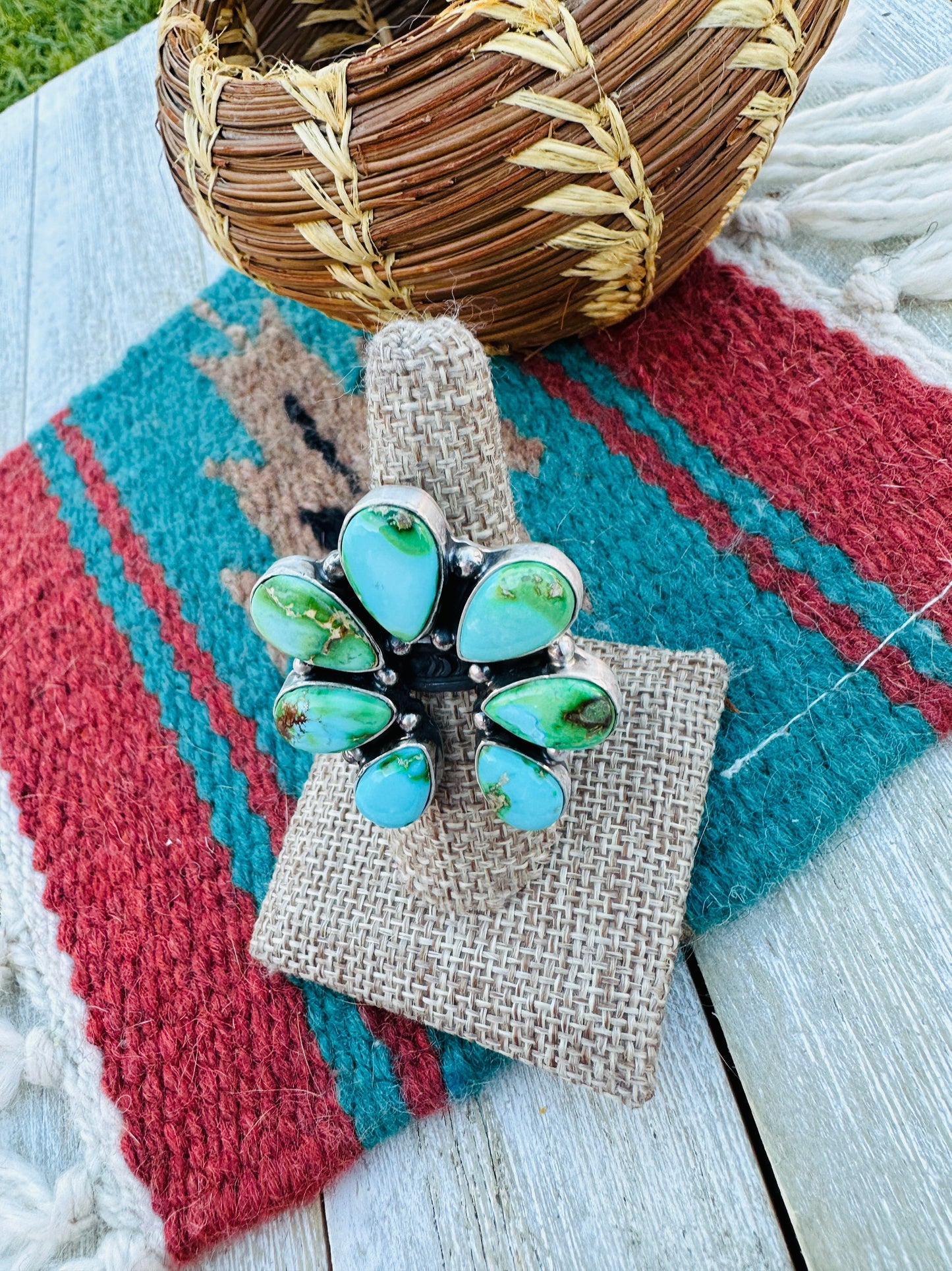 Hand Crafted Sonoran Mountain Turquoise & Sterling Silver Adjustable Naja Ring by Russell Sam