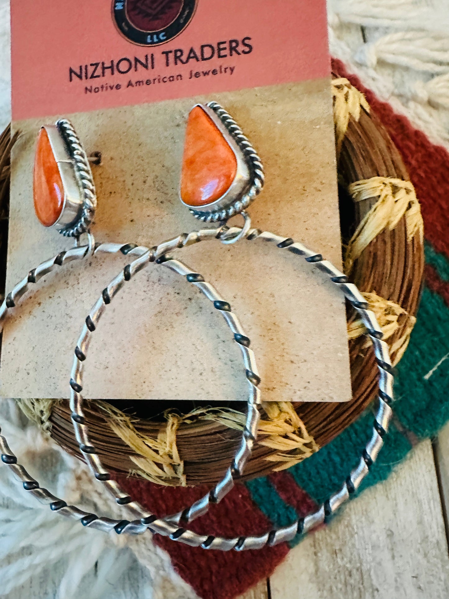 Handcrafted Orange Spiny and Sterling Silver Dangle Hoop Earrings