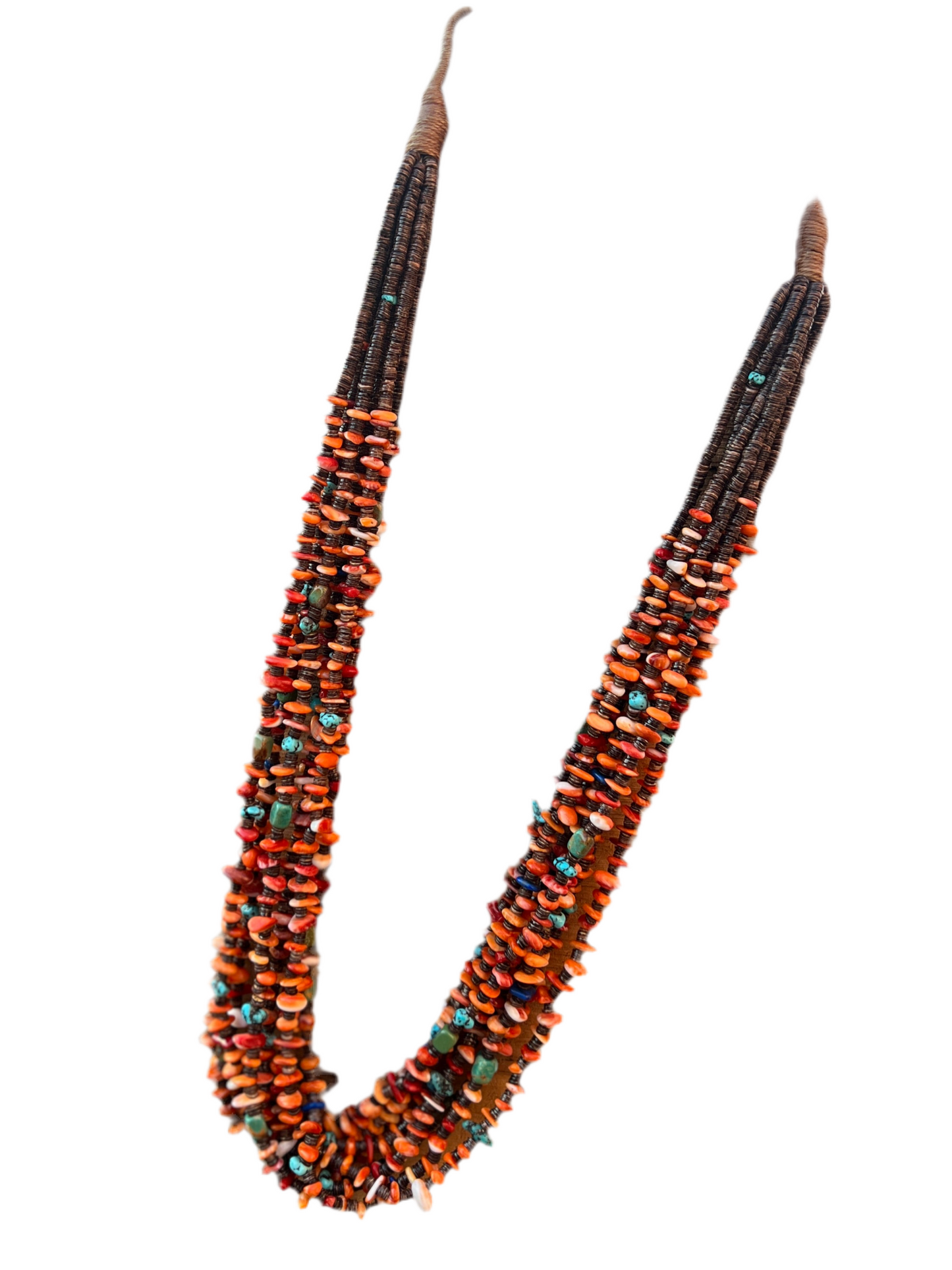 Gorgeous Handcrafted Made Eight Strand Spiny Oyster and Turquoise Beaded Squaw Wrap Necklace