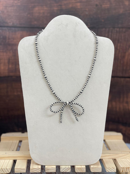 Handmade Sterling Silver Handcrafted Pearl Style Beaded  Bow Tie Necklace 16-18 inches