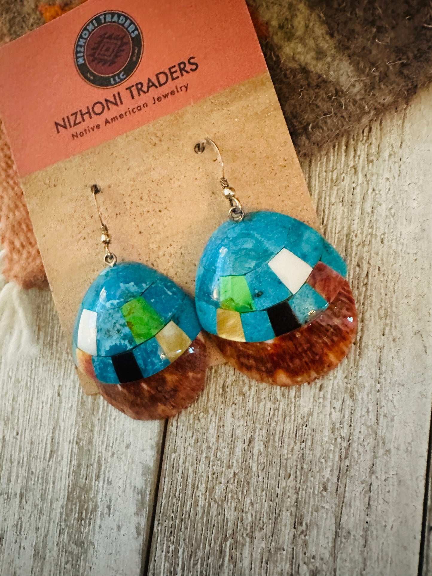 Handcrafted Multi Stone Inlay Shell Dangle Earrings